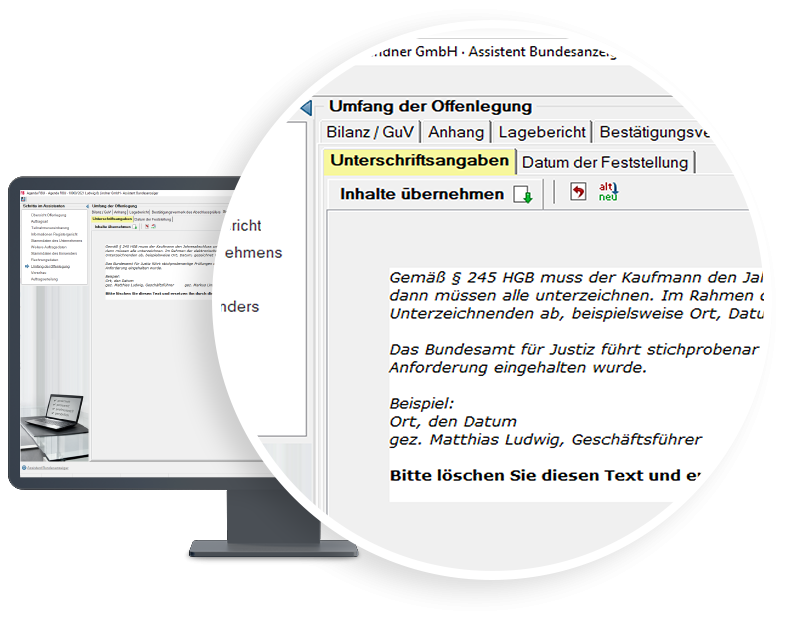 Die vorformulierten Textbausteine zu allen Pflichtangaben lassen sich bequem anpassen und individualisieren.