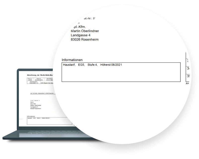 Auf der Brutto-Netto-Abrechnung werden die Tarifinformationen und das Datum der nächsten Höherstufung übersichtlich und gut nachvollziehbar angezeigt.