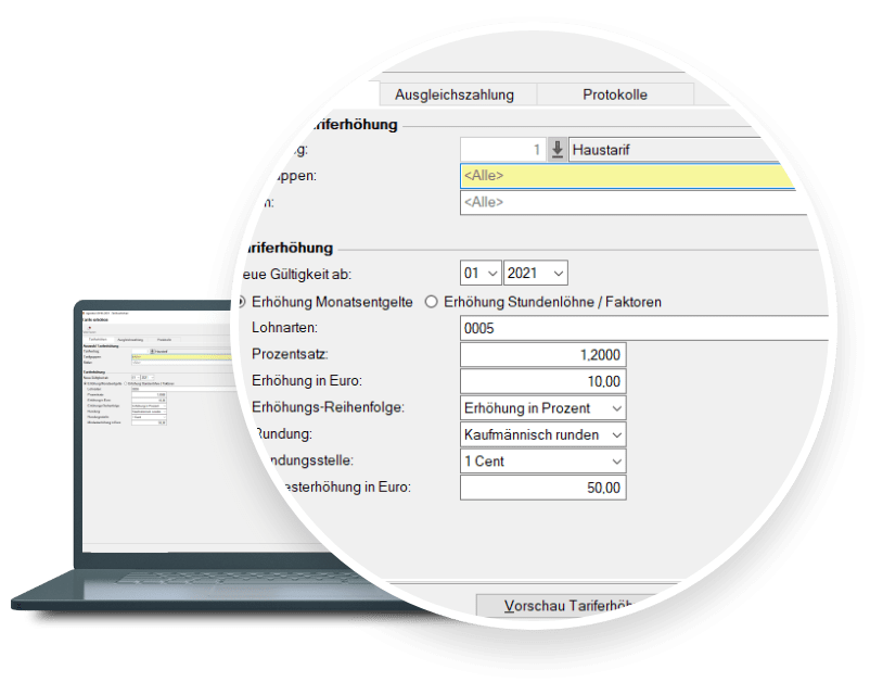 Mit der automatisierten Tariferhöhung können angelegte Tariftabellen prozentual, um einen festen Wert oder einem Mindestbetrag erhöht werden.