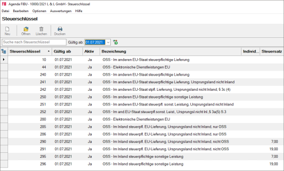 Übersicht der Steuerschlüssel in der Agenda-Software